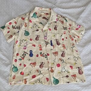 Men's Butter Yellow Novelty Print Linen Blend Short Sleeves Shirt